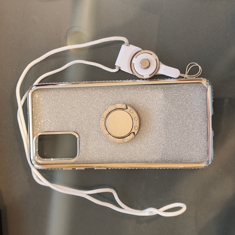 S20 Plus Silver Rhinestone phone case with removable lanyard